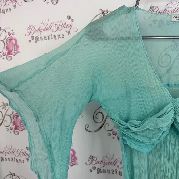Guess top y2k fairy whimsy whimsical shirt blouse Sheer Teal Long Sleeve Top - Picture 8 of 15